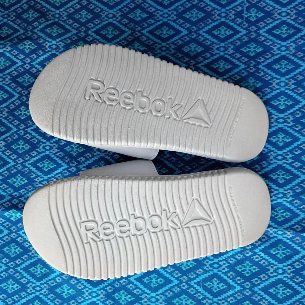 Reebok White and Blue Slides